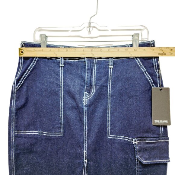 True Religion Rinse Dark Blue Denim Long Cargo Utility Skirt NWT Womens Size 29 - Picture 6 of 14